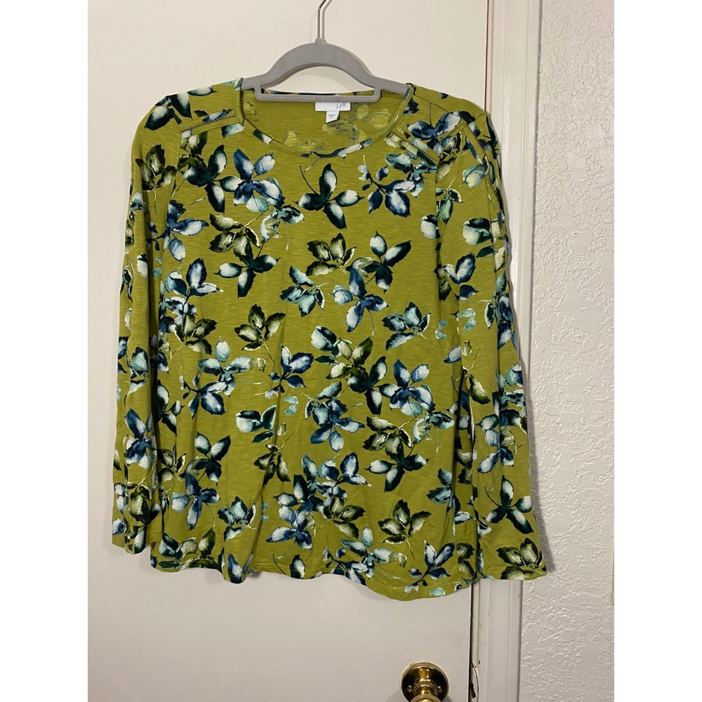 J. Jill Womens Small Green Floral Leaf Print Long Sleeve Top Crochet‎ Detail S